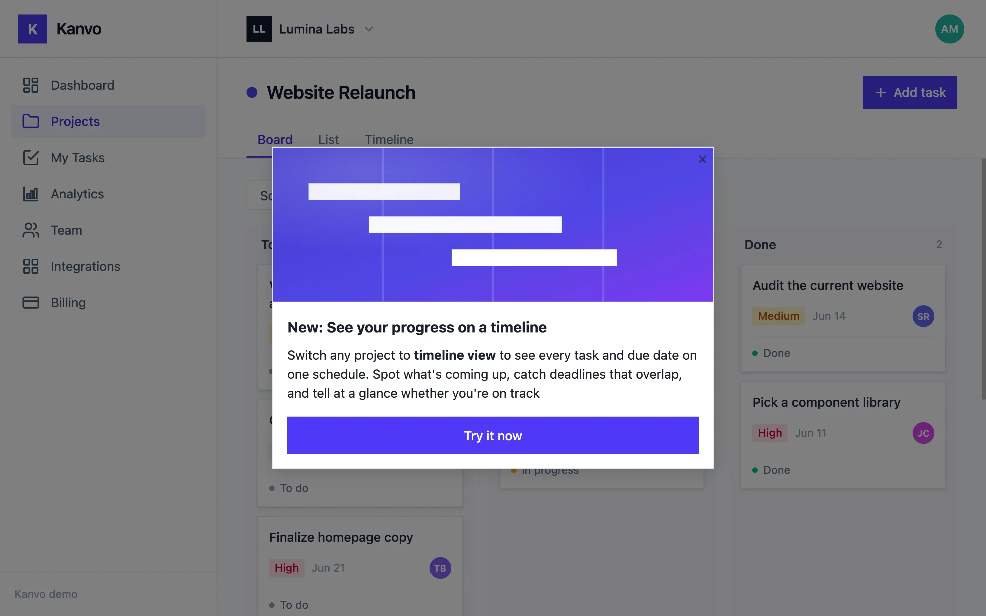 A FlowNavi announcement modal in the Kanvo app, announcing a new timeline view