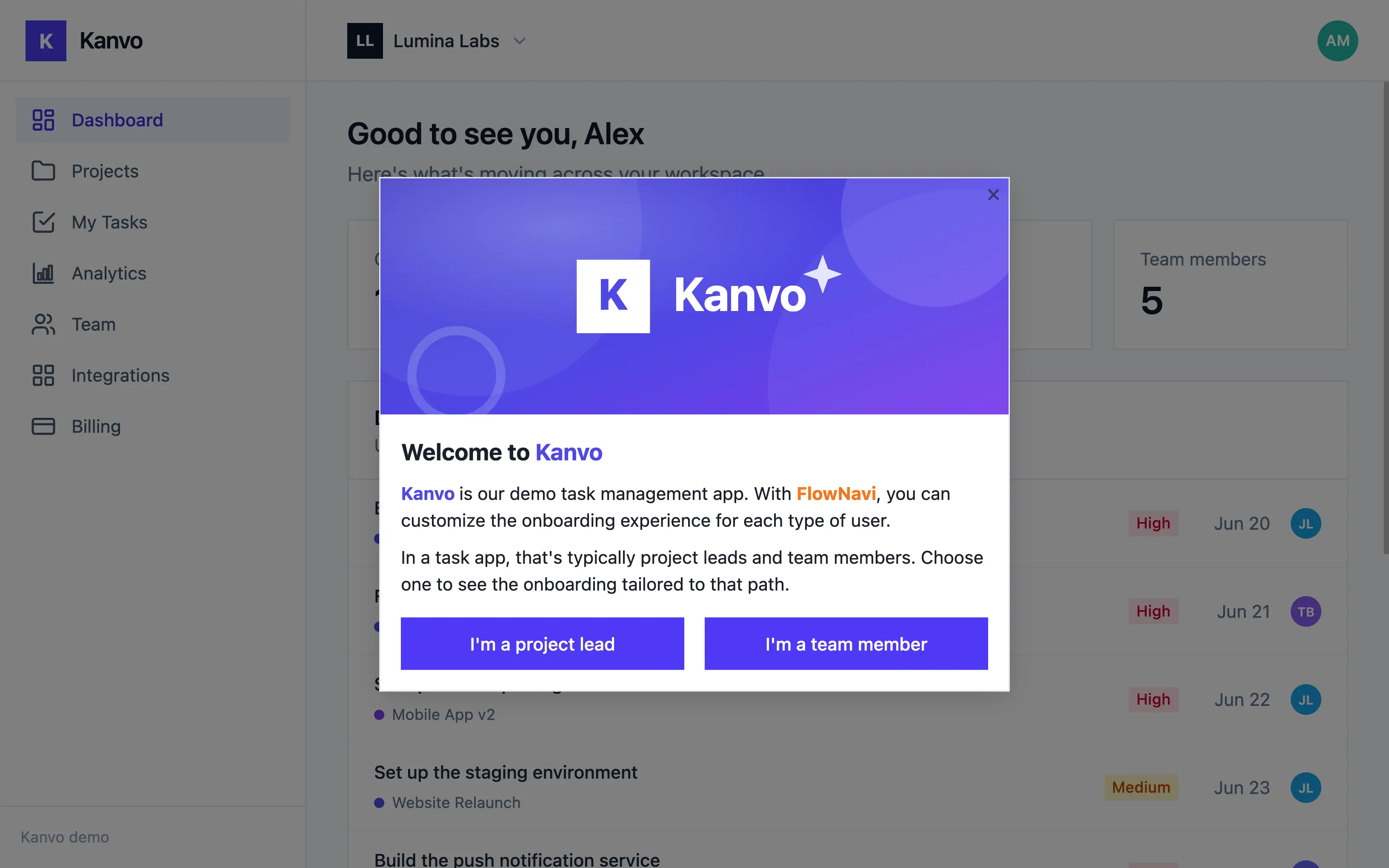 A FlowNavi product tour personalized to the user's selected role in the Kanvo app