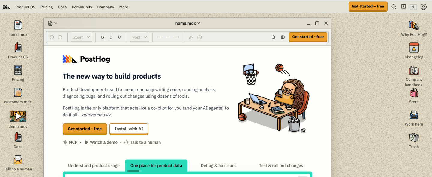 PostHog website hero image screenshot